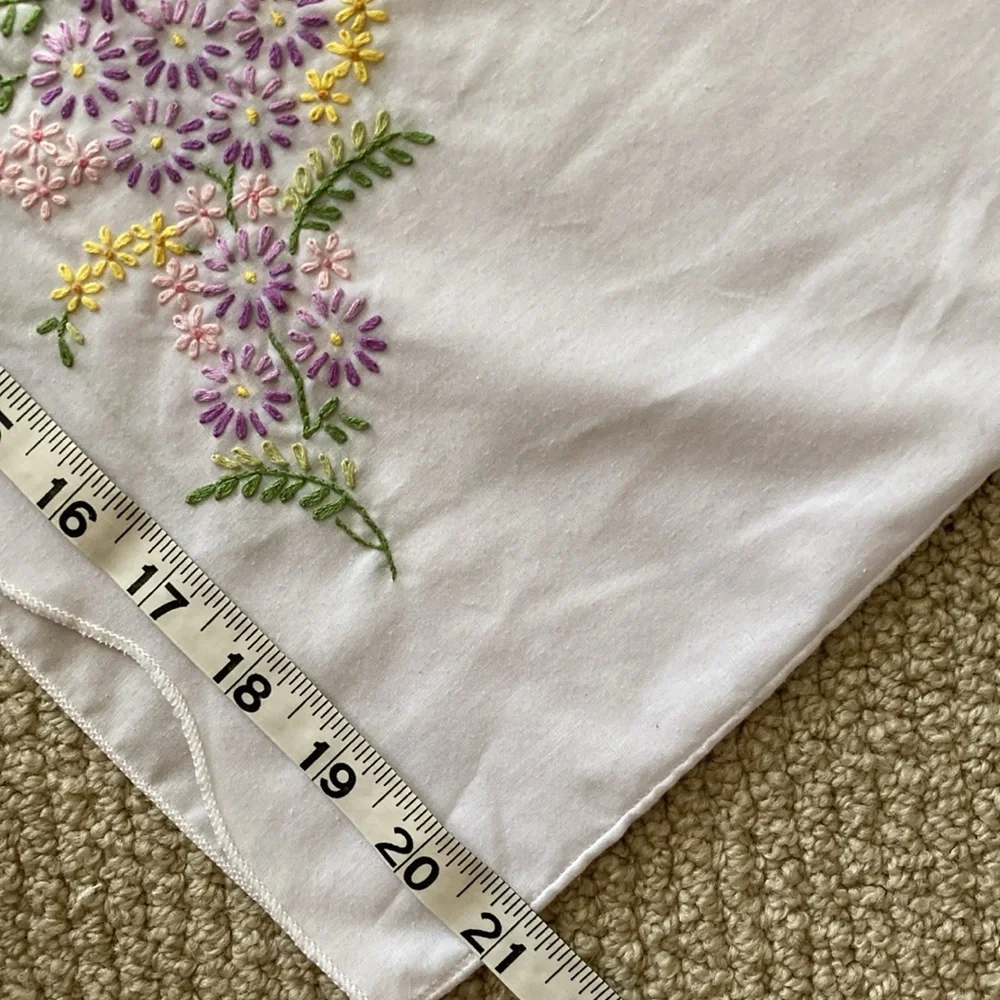 Hand Embroidered White Pillowcase Lavender Flowers Delicate Crafted Colorful EUC